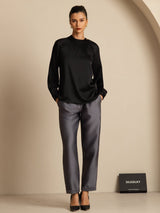 [Sort] SilkSilky-DK 19Momme Langærmet Rund Hals Bluse 008