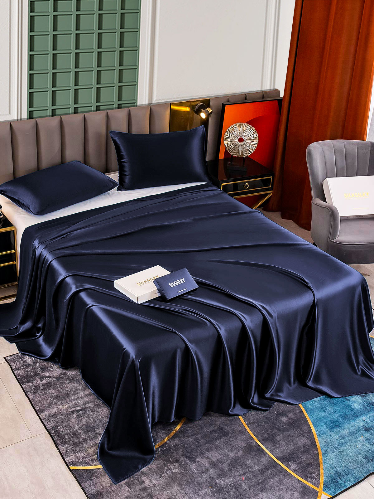 [Mørkeblå] SilkSilky-DK 25Momme Bedding Set 002