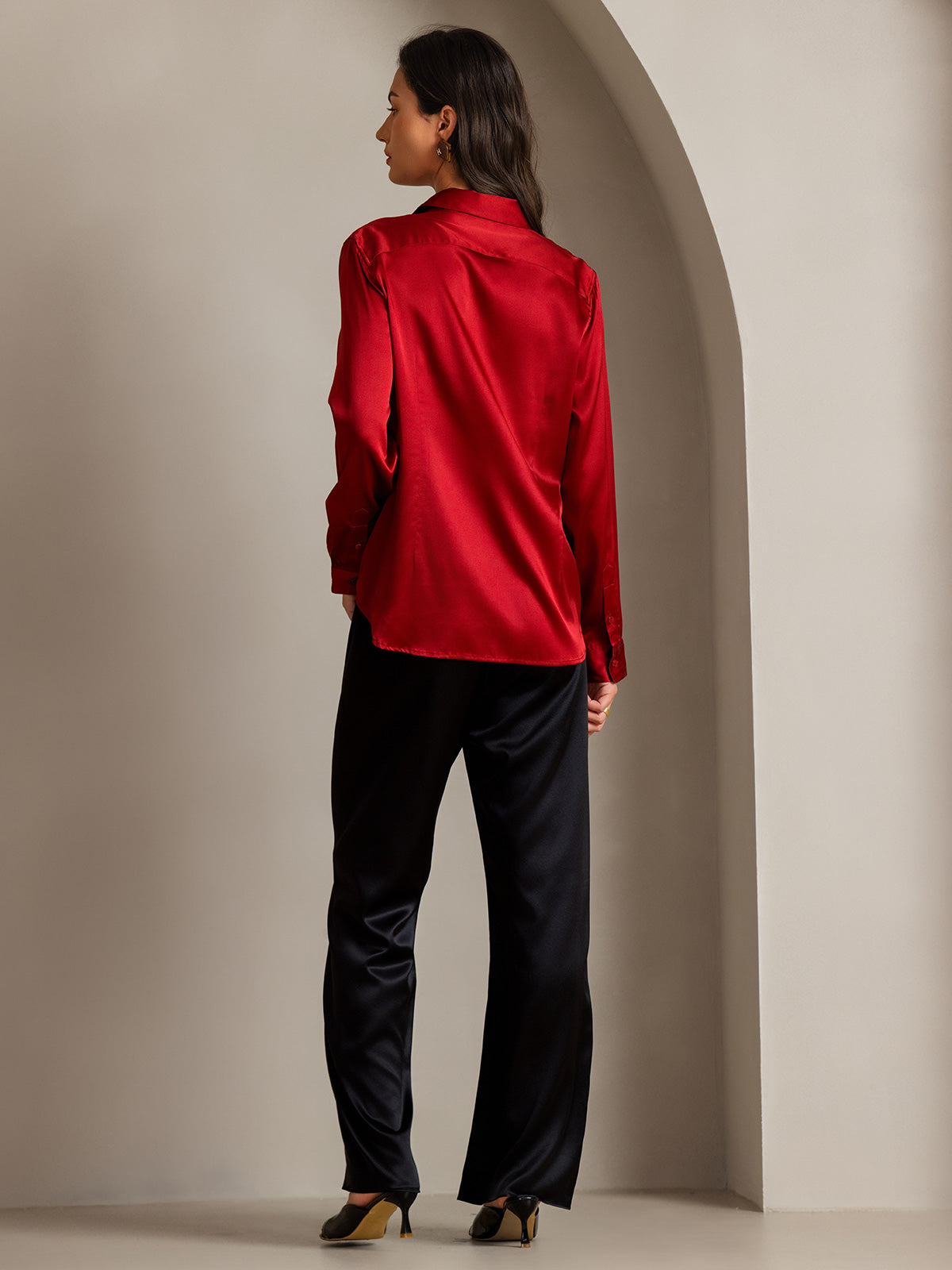[Rød] SilkSilky-DK Silke Lapel Collar Dameskjorte 002