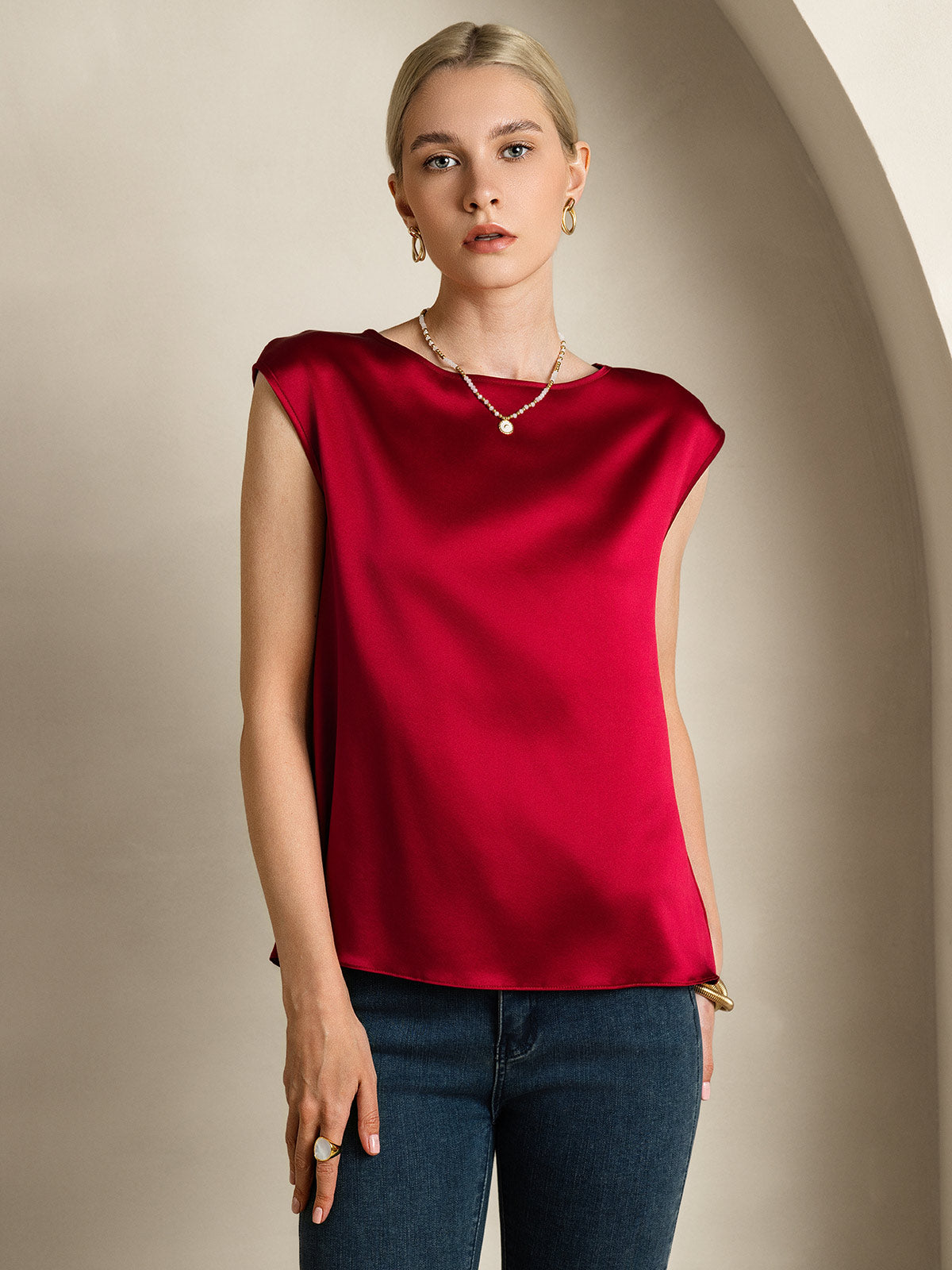 [Vin] SilkSilky-DK Cap Sleeve Round Neck T-shirt til kvinder 001