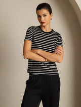 [Sort Stribe] SilkSilky-DK Short Sleeve Crew Neck T-shirt til kvinder 005