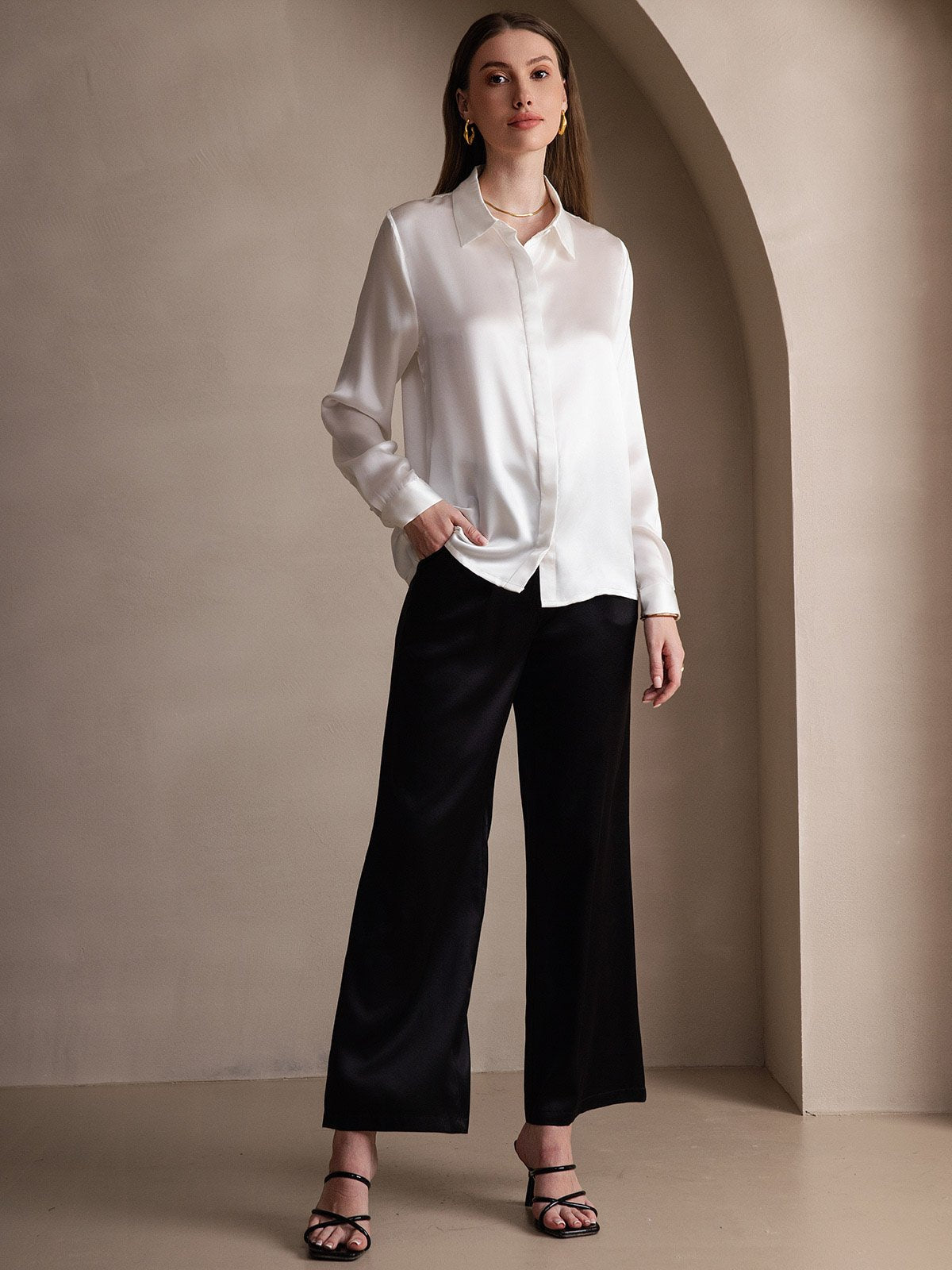 [Hvid] SilkSilky-DK 19Momme Silke Womens Shirt 007