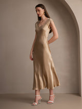 [Champagne] SilkSilky-DK Kappeærmer Scoop Neck Kjole 005