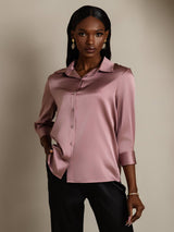 [Bleg Mauve] SilkSilky-DK 3/4 Sleeve Lapel Collar Dameskjorte 004