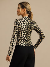 [Leopard] SilkSilky-DK Langærmet Falsk Krave T-shirt til kvinder 002
