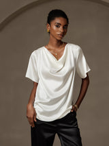 [Hvid] SilkSilky-DK Short Sleeve Cowl Neck Damebluser 003