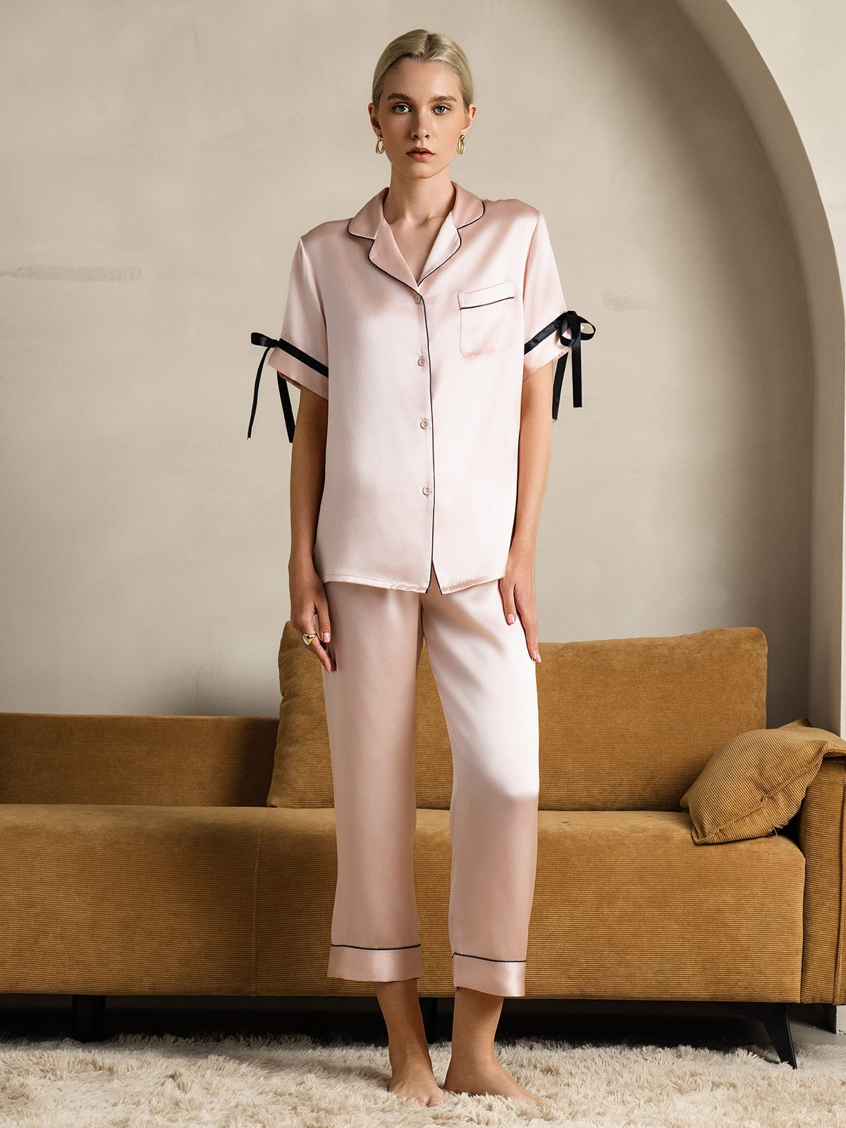 [Lyserød] SilkSilky-DK Silke Short Sleeve Revers Dame Pyjamas 001