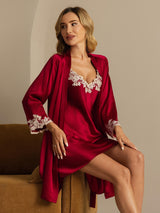[Vin] SilkSilky-DK 3/4 Sleeve V Neck Natkjole & Morgenkåbe Sæt 007