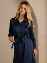 [Mørkeblå] SilkSilky-DK Long Sleeve Lapel Collar Kjole 003