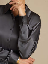 [Mørkegrå] SilkSilky-DK Long Sleeve Lapel Collar Dameskjorte 005