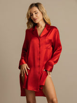 [Rød] SilkSilky-DK Long Sleeve Lapel Collar Soveskjorte 001