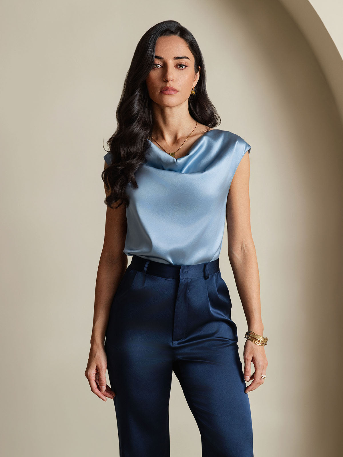 [Gråblå] SilkSilky-DK 19Momme Silke Womens T-Shirt 003