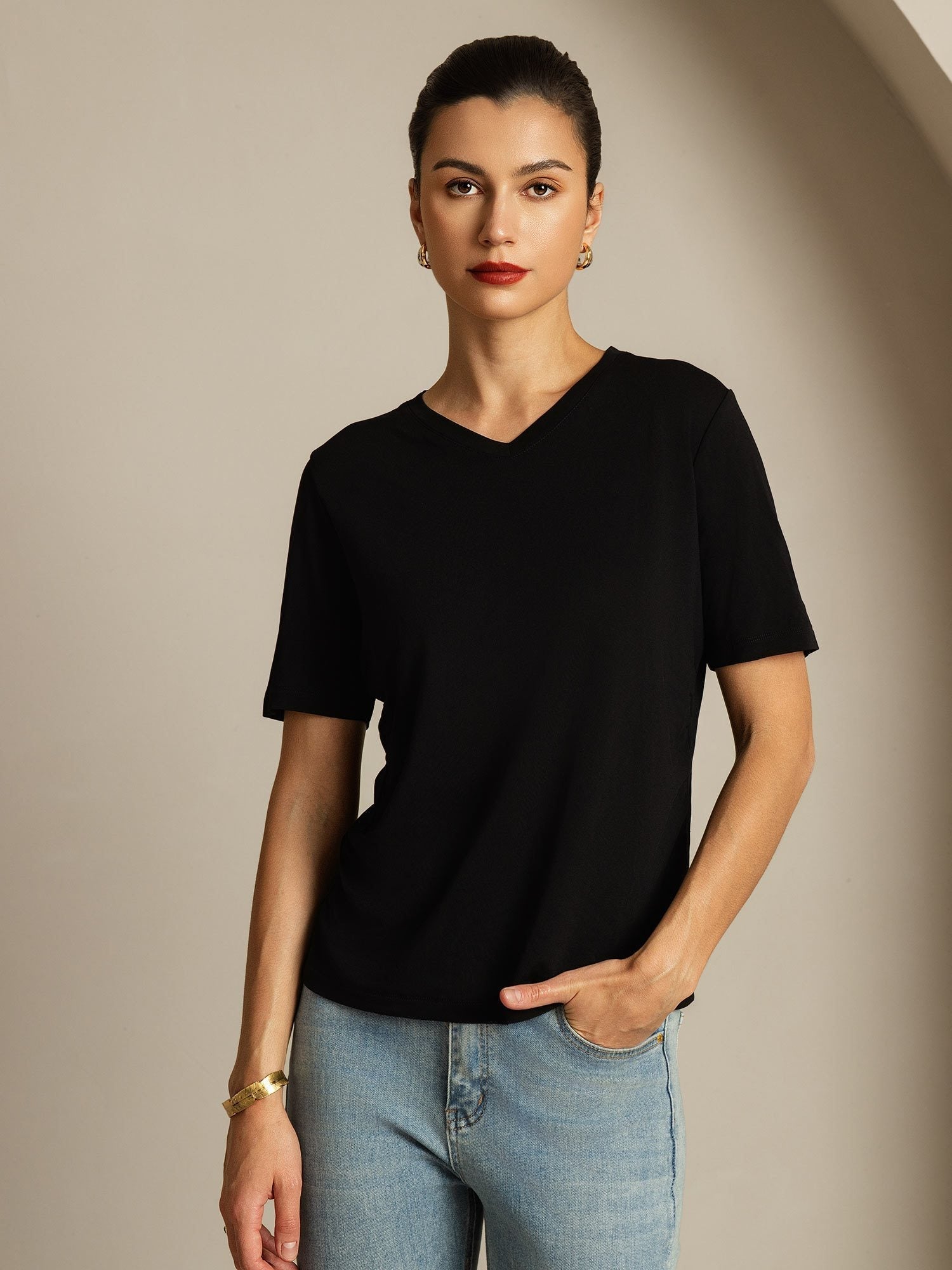 [Sort] SilkSilky-DK Kort ærme V Hals T-shirt til kvinder 001