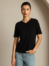 [Sort] SilkSilky-DK Kort ærme V Hals T-shirt til kvinder 001