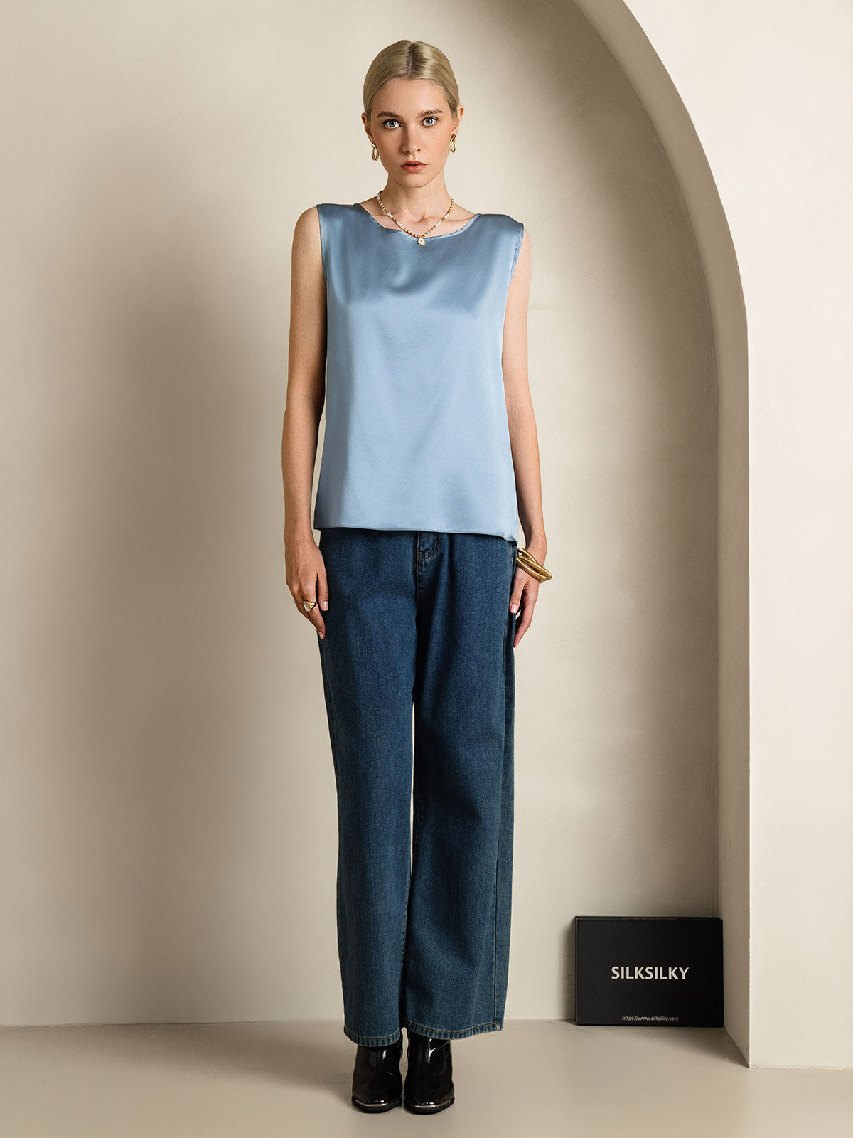[Gråblå] SilkSilky-DK 19Momme Silke Camisoles 006