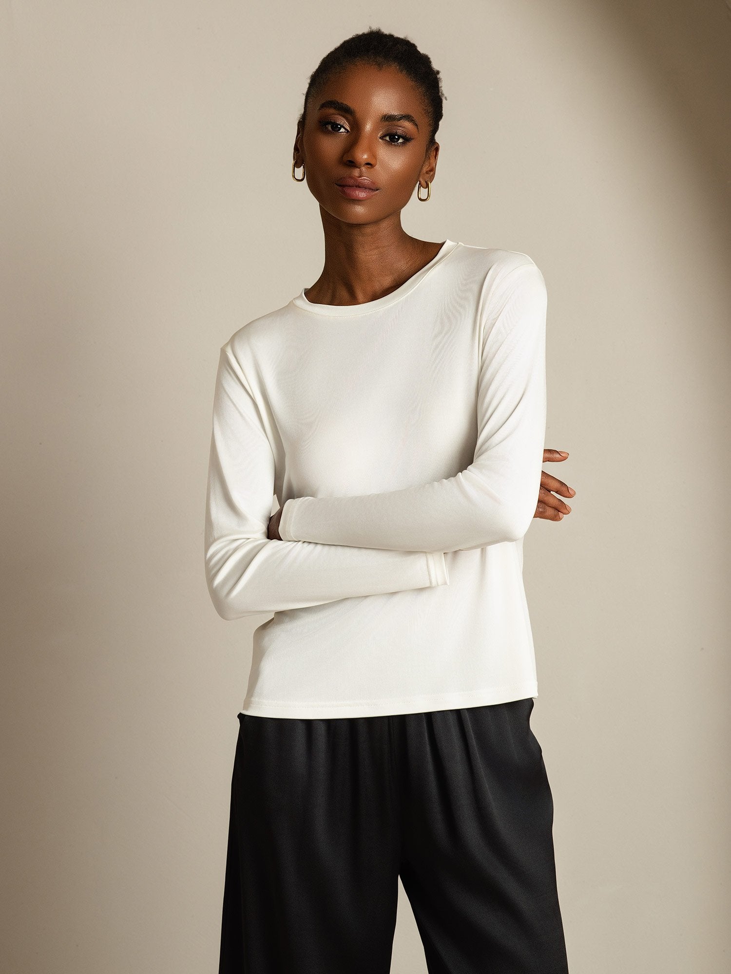 [Hvid] SilkSilky-DK Long Sleeve Crew Neck T-shirt til kvinder 001
