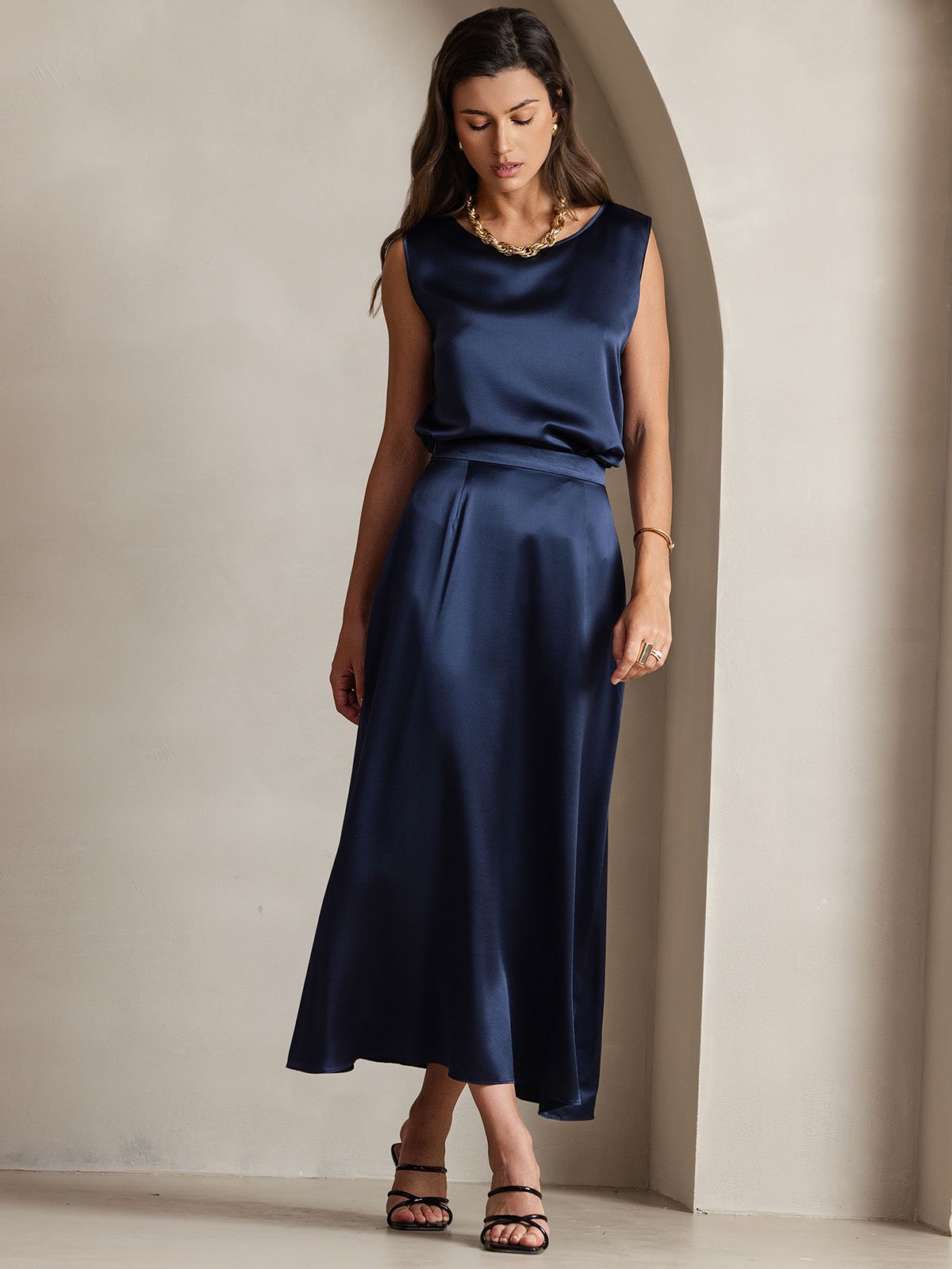[Mørkeblå] SilkSilky-DK 19Momme Silke Skirt 007