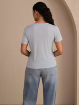 [Gråblå] SilkSilky-DK Short Sleeve V Neck T-shirt til kvinder 002