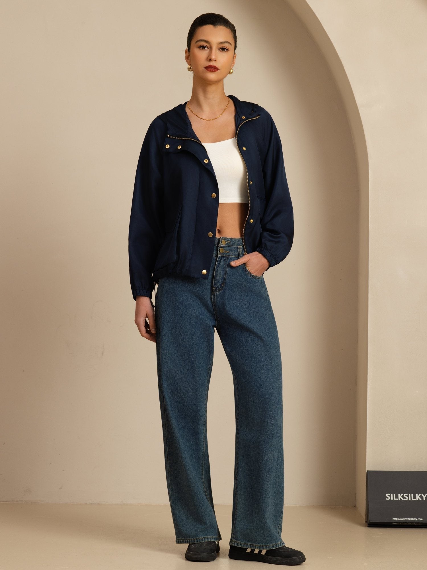 [Mørkeblå] SilkSilky-DK Langærmet Høj Hals Overtøj til Kvinder 008