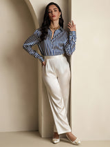 [Marine Stribe] SilkSilky-DK Long Sleeve Lapel Collar Dameskjorte 008