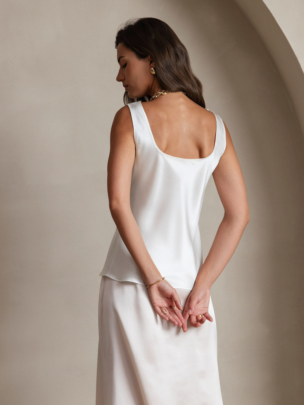 [Hvid] SilkSilky-DK 19Momme Ærmeløs Dyb Rund Halsudskæring Camisole Top 002