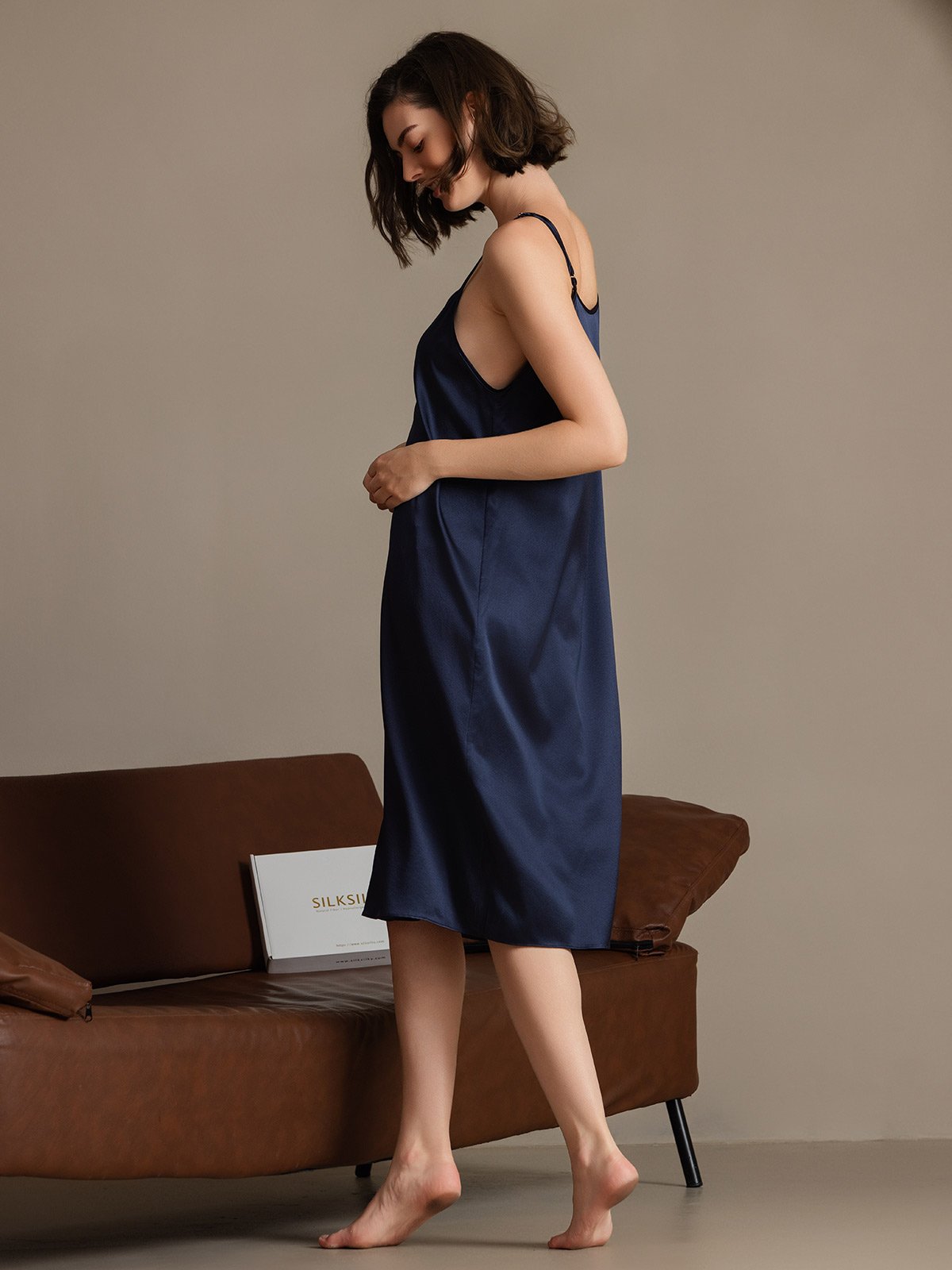 [Mørkeblå] SilkSilky-DK 19Momme Silke Sleeveless Dress 002
