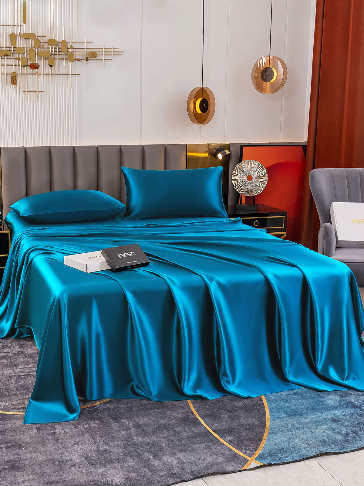 [Blågrøn] SilkSilky-DK 19Momme Bedding Set 001