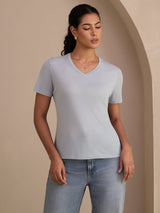 [Gråblå] SilkSilky-DK Short Sleeve V Neck T-shirt til kvinder 001