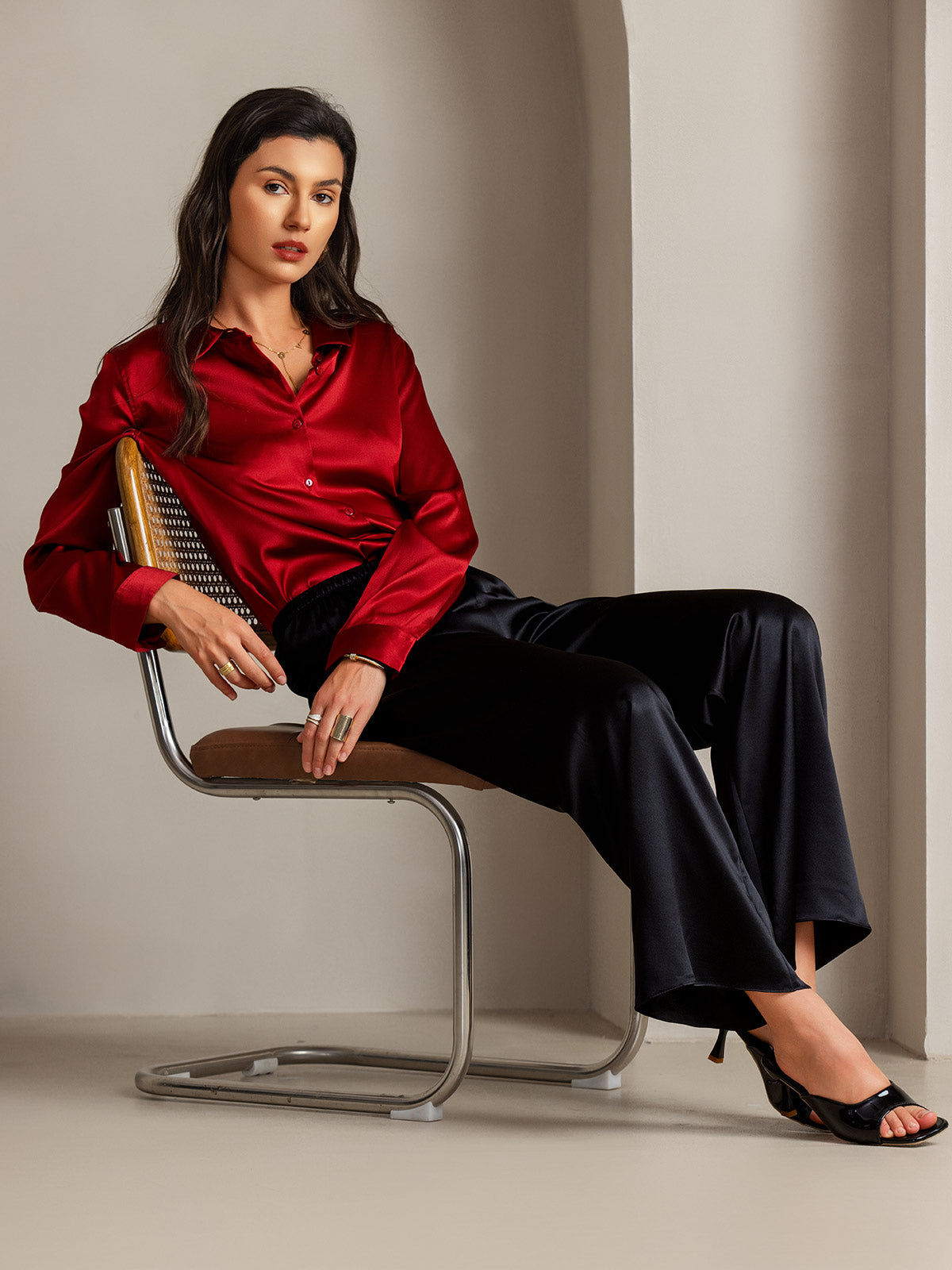 [Rød] SilkSilky-DK Silke Womens Shirt 006