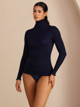 [Mørkeblå] SilkSilky-DK Long Sleeve Turtle Neck T-shirt til kvinder 007