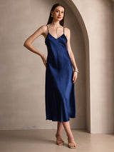 [Mørkeblå] SilkSilky-DK Sleeveless V Neck Kjole 001
