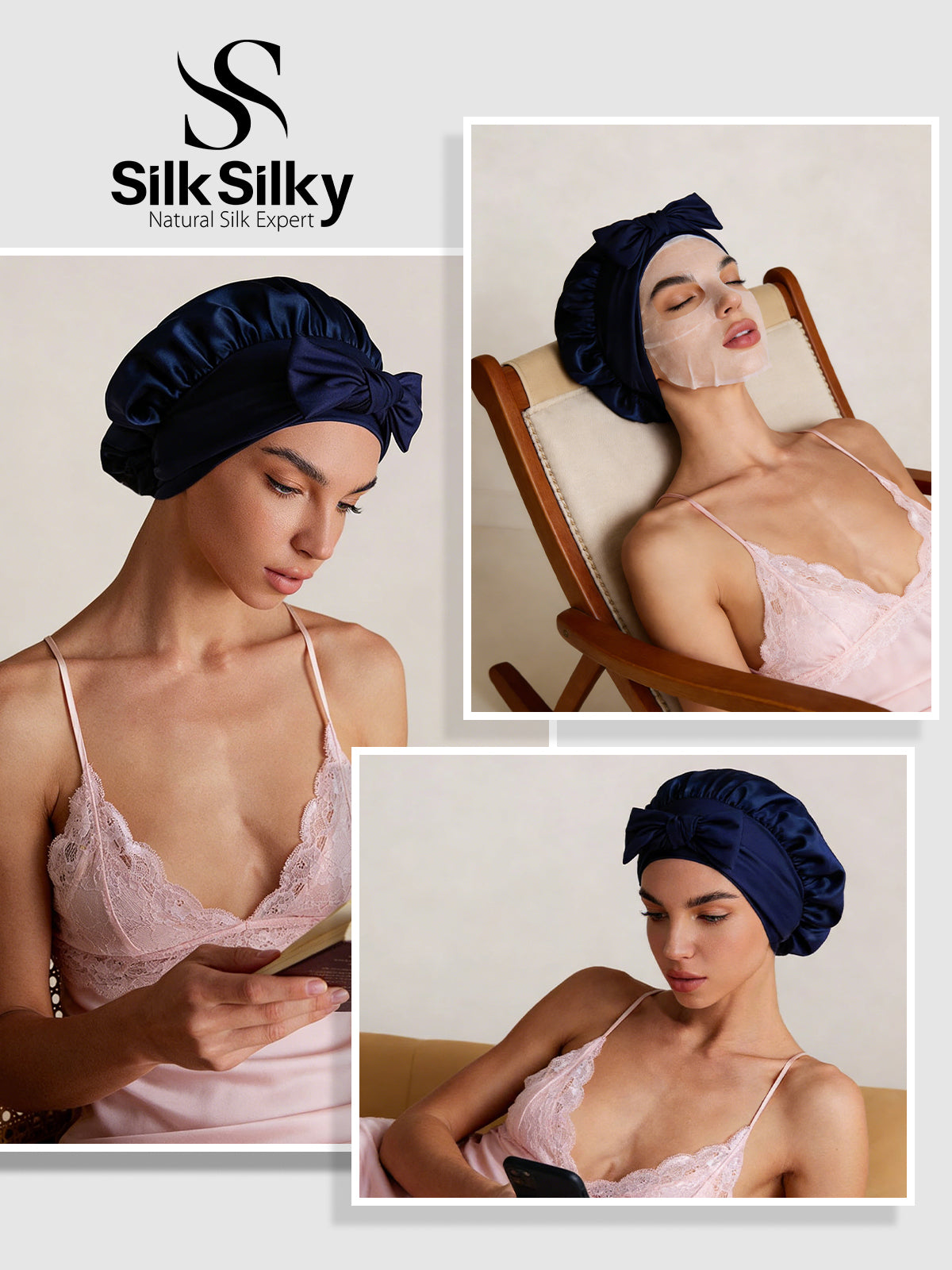 [Mørkeblå] SilkSilky-DK Silke Sleep Cap 005