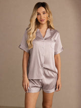 [Skyggegrå] SilkSilky-DK Short Sleeve Lapel Collar Dame Pyjamas 005