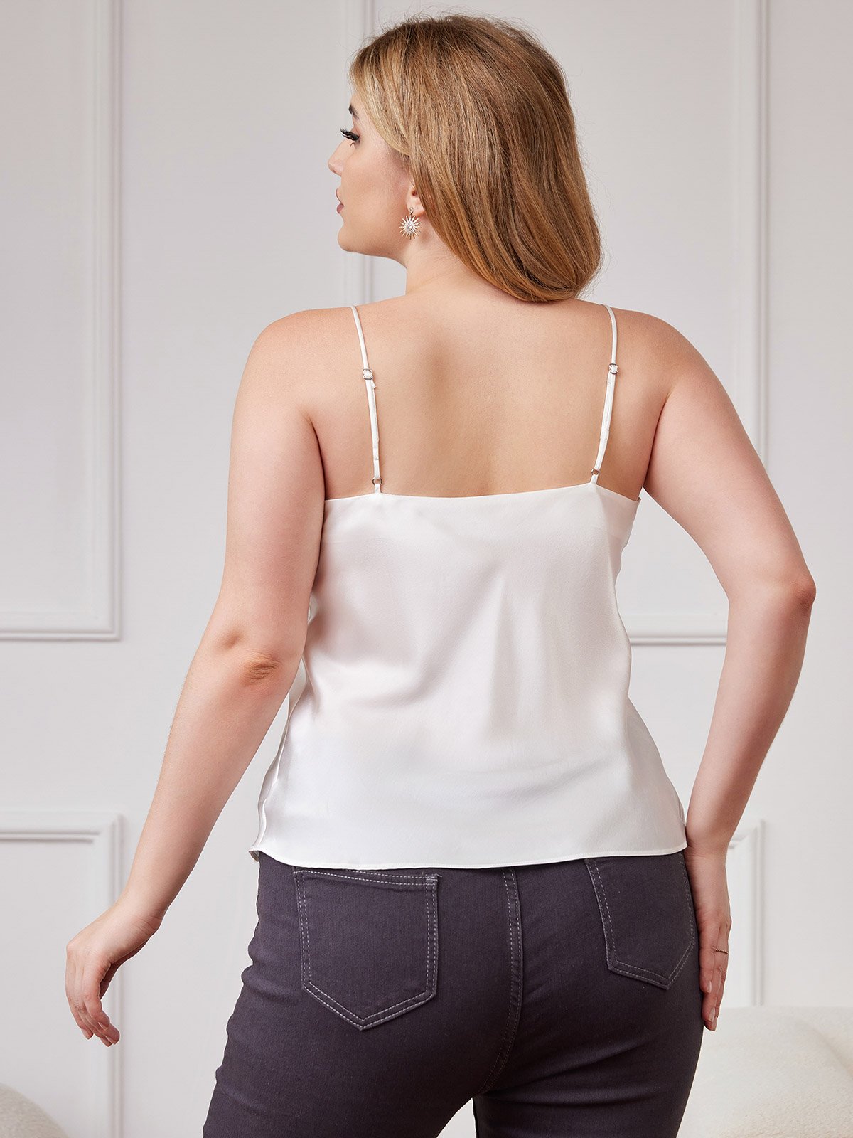 [Hvid] SilkSilky-DK Spaghetti Rem V Hals Plus Size Camisole Top 002