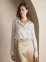 [Hvid] SilkSilky-DK Long Sleeve Lapel Collar Dameskjorte 001