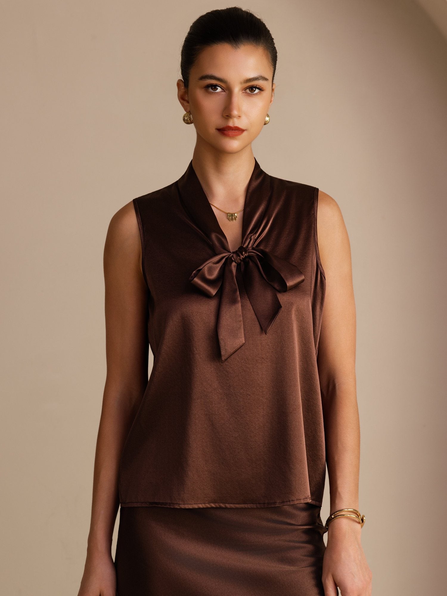 [Mørk Chokolade] SilkSilky-DK Sleeveless Tie Neck Camisole Top 001