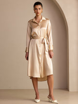 [Champagne] SilkSilky-DK Long Sleeve Lapel Collar Kjole 001
