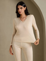[Beige] SilkSilky-DK Long Sleeve V Neck Dame Lange Underbukser 003