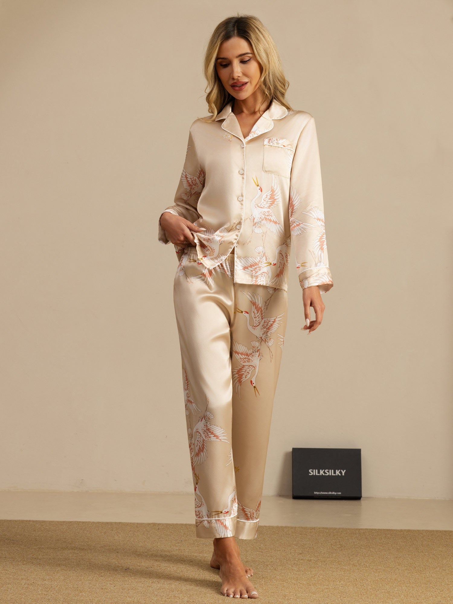 [Champagne] SilkSilky-DK 19Momme Langærmet Notchkrage Dame Pyjamas 006