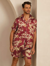 [Vinrød Drage] SilkSilky-DK Short Sleeve Notch Collar Pyjamas til Mænd 001