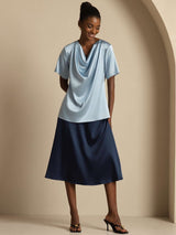 [Gråblå] SilkSilky-DK Short Sleeve Cowl Neck Damebluser 007