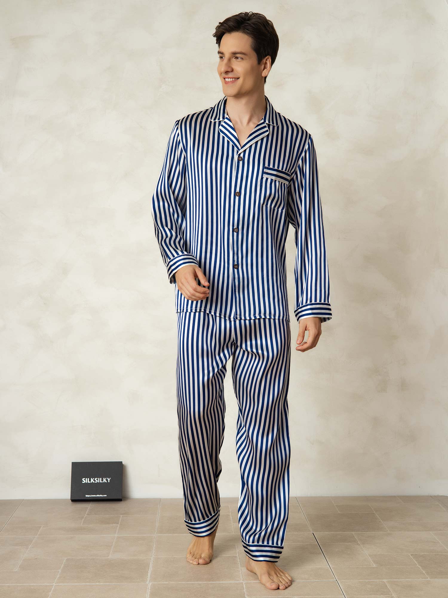 [Marine Stribe] SilkSilky-DK 19Momme Mens Pajamas 001