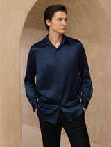 [Mørkeblå] SilkSilky-DK Long Sleeve Lapel Collar Herreskjorte 003