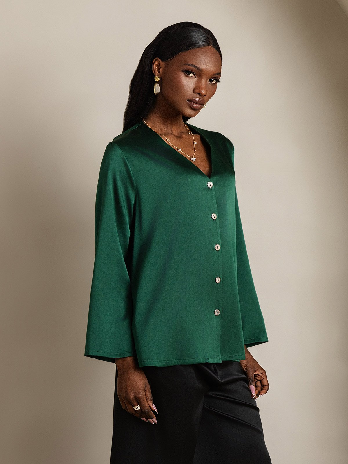[Mørkegrøn] SilkSilky-DK 19Momme Silke Womens Shirt 006