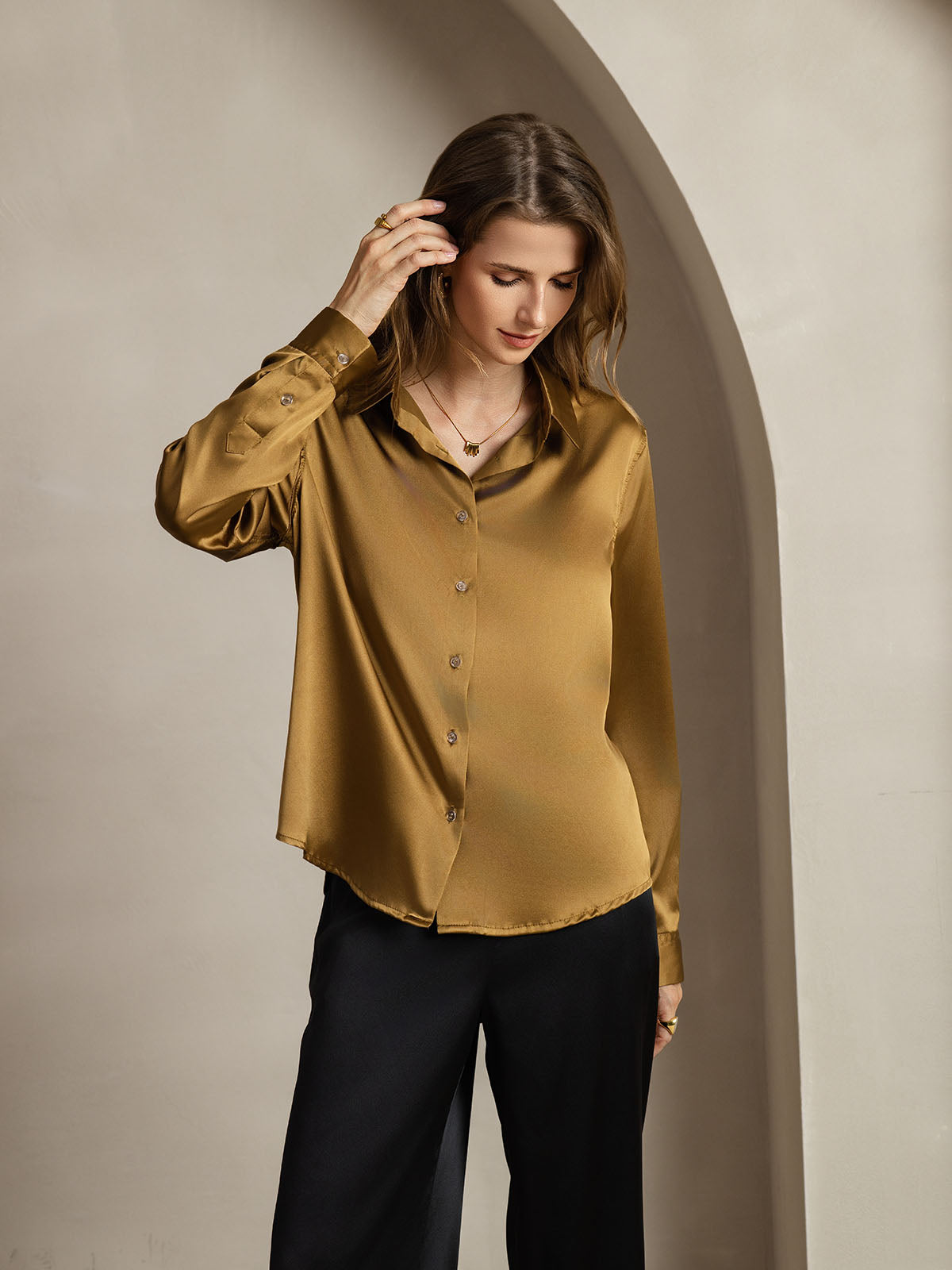 [Bronze] SilkSilky-DK Silke Lapel Collar Dameskjorte 001