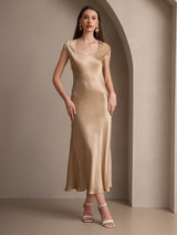 [Champagne] SilkSilky-DK Kappeærmer Scoop Neck Kjole 004