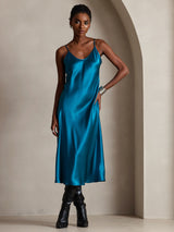 [Blågrøn] SilkSilky-DK Sleeveless V Neck Kjole 001