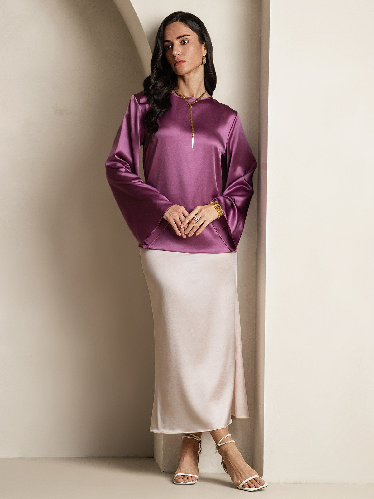[Mørke Lilla] SilkSilky-DK 19Momme Silke Womens T-Shirt 007