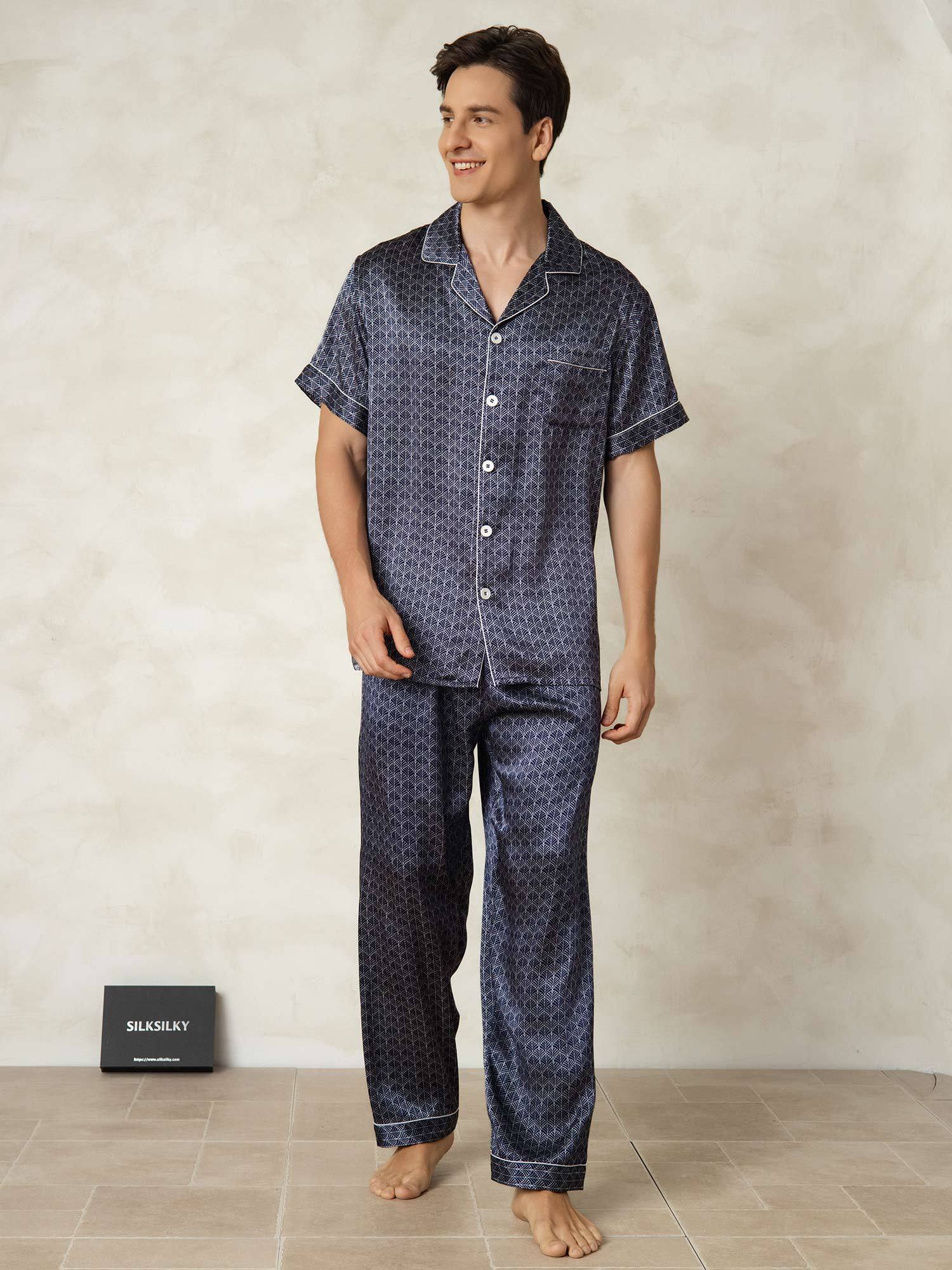 [MarineGinkgo] SilkSilky-DK Silke Lapel Collar Pyjamas til Mænd 005