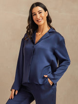 [Mørkeblå] SilkSilky-DK 19Momme Langærmet Notchkrage Dame Pyjamas 007